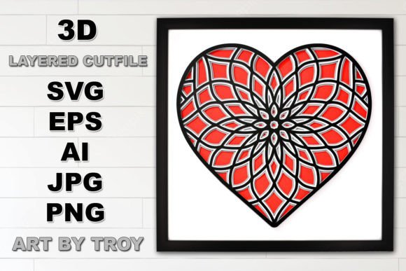 3D Heart Mandala Layered SVG for Shadow Box Projects