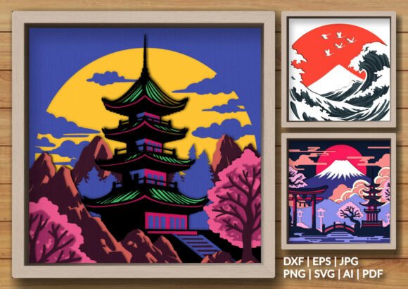 Japanese Fuji Landscape Shadowbox Bundle: 3D SVG & Shadow Boxes