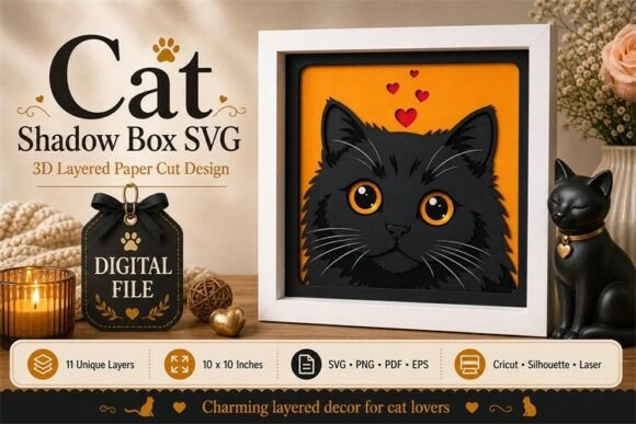 Shadow Box Cat Vector Art Framed Wall: A 3D SVG for Charming Branding